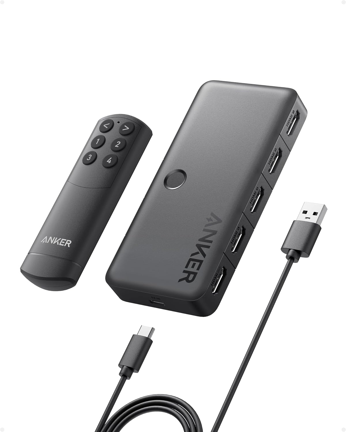 Anker Conmutador HDMI, Conmutador HDMI 4K@60Hz, 4 en 1 salida con acabado suave, compatible con HDR, 3D, Dolby, DTS, compatible con laptops, PC, Xbox, proyector (cargador y baterías del control remoto