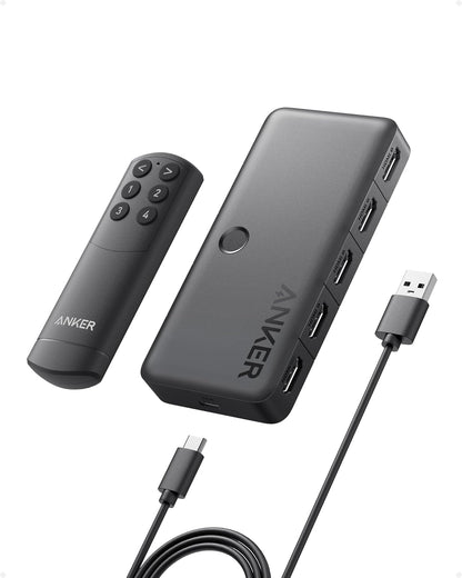 Anker Conmutador HDMI, Conmutador HDMI 4K@60Hz, 4 en 1 salida con acabado suave, compatible con HDR, 3D, Dolby, DTS, compatible con laptops, PC, Xbox, proyector (cargador y baterías del control remoto
