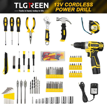 TLGREEN Juego de herramientas de 138 piezas con taladro inalámbrico...