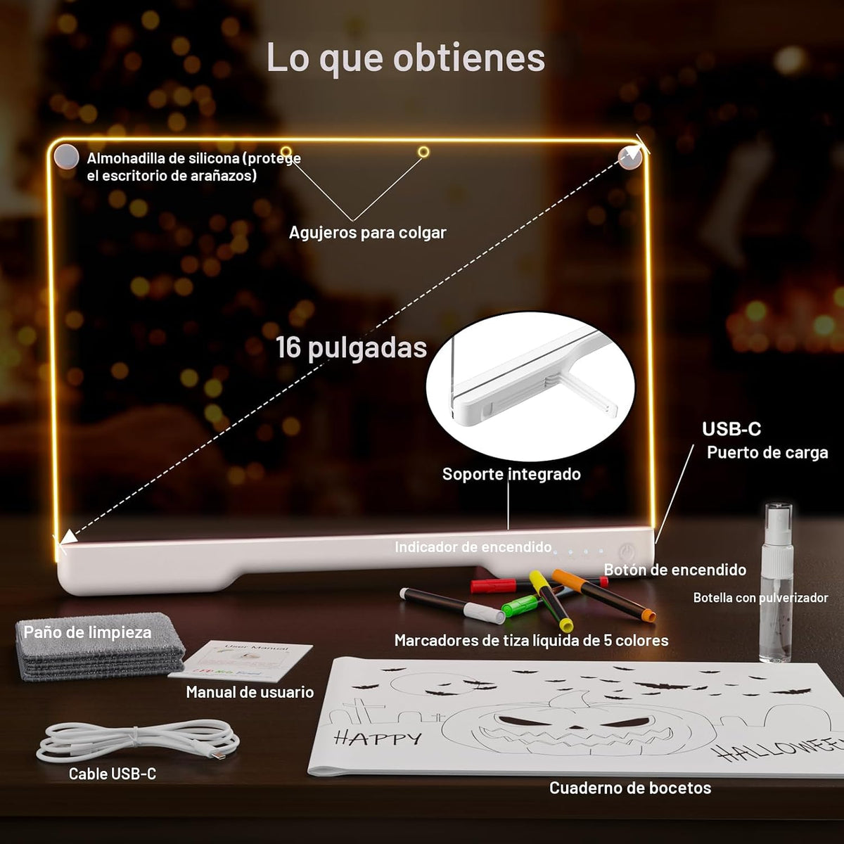 Tablero de notas LED Doodle Glow recargable de 16 pulgadas, 7 modos...