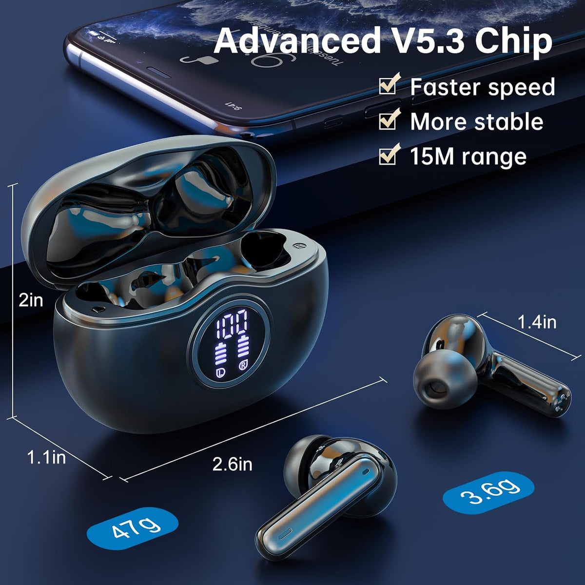 Fhumsh Auriculares inalámbricos, Bluetooth 5.3, estéreo de alta fid...