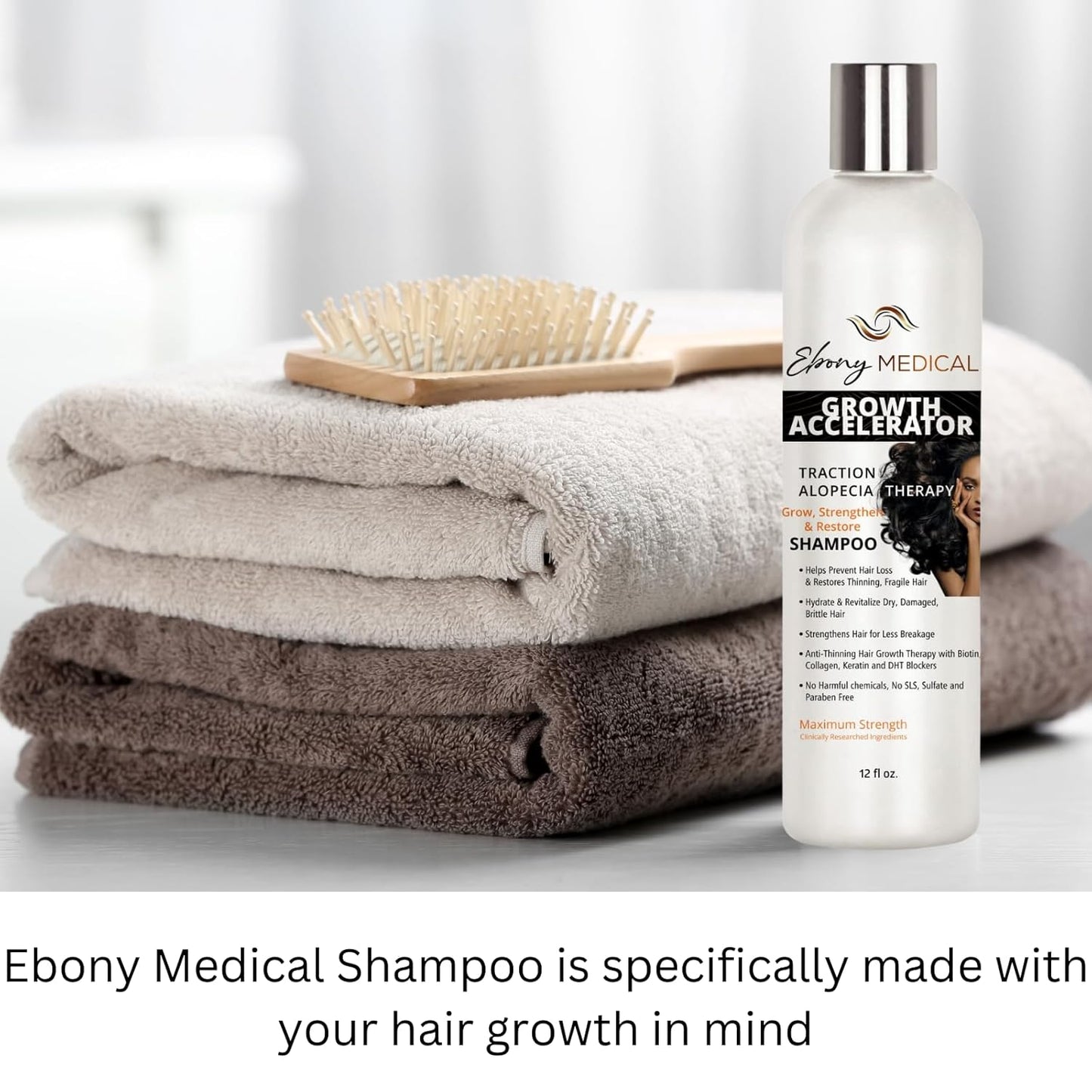 Ebony Medical Hair Support Shampoo - Solución para adelgazar el cabello y cabello parásito - Fortalece las hebras, la salud y el volumen del cuero cabelludo - Natural, vegano, sin sulfato - 12 onzas líquidas