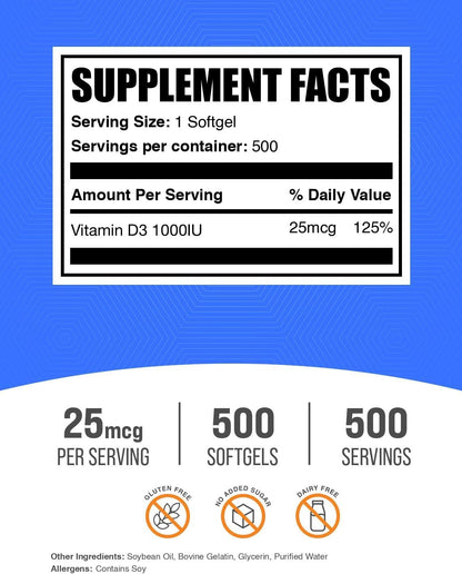 BulkSupplements. com Vitamina D3 1000UI cápsulas blandas - colecalc...