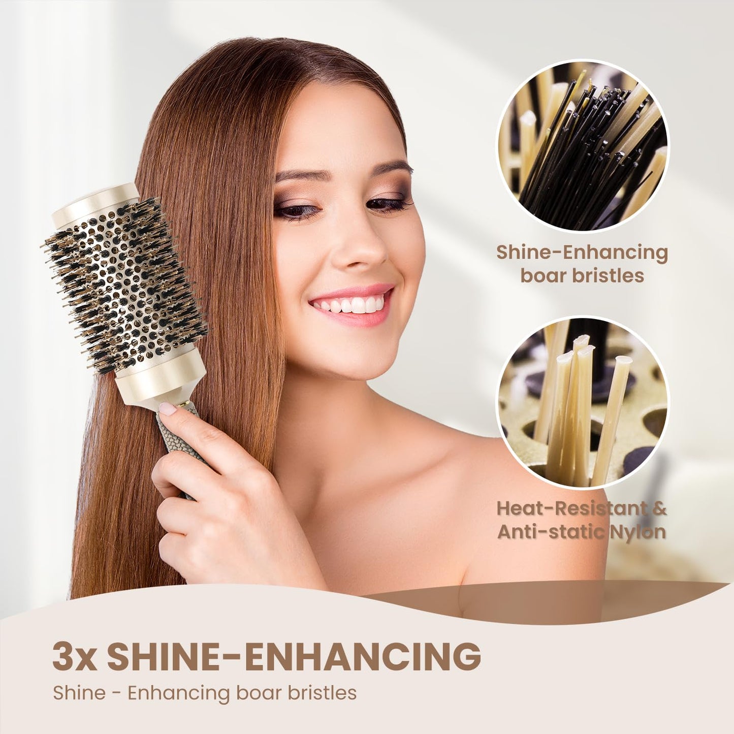 AIMIKE Juego de cepillos para el cabello, cepillo redondo de cerámica nano térmica y tecnología iónica con cerdas de jabalí para secar con soplado, mejorar la textura para peinar, rizar y brillar,