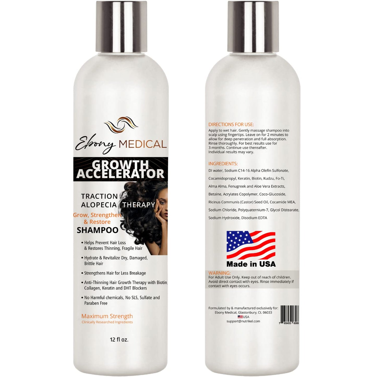 Ebony Medical Hair Support Shampoo - Solución para adelgazar el cabello y cabello parásito - Fortalece las hebras, la salud y el volumen del cuero cabelludo - Natural, vegano, sin sulfato - 12 onzas líquidas
