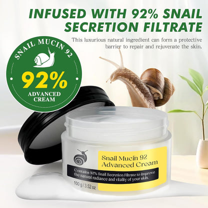 Snail Mucin - Crema de suero reparadora al 92 %, hidratante facial hidratante antiedad, reafirmante y reducción de arrugas, reparación diaria, crema facial de mucina de caracol para piel seca y sensible, todo tipo de piel, 3.53 oz/3.52 onzas
