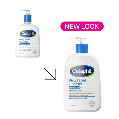 Cetaphil Lavado Facial, Limpiador Facial Diario para Piel Sensible, Mixta a Grasa, 16 Oz, Sin Fragancia, Espuma Suave, Sin Jabón, Hipoalergénico
