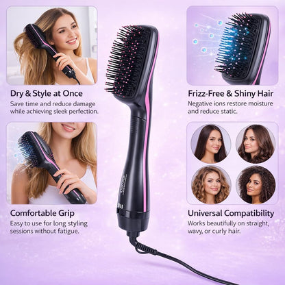 Cepillo secador de pelo 2 en 1 y cepillo alisador, cepillo iónico para mujer, cepillo de aire caliente con diseño de pala, moldeador de pelo de iones negativos para cabello suave, brillante, sin