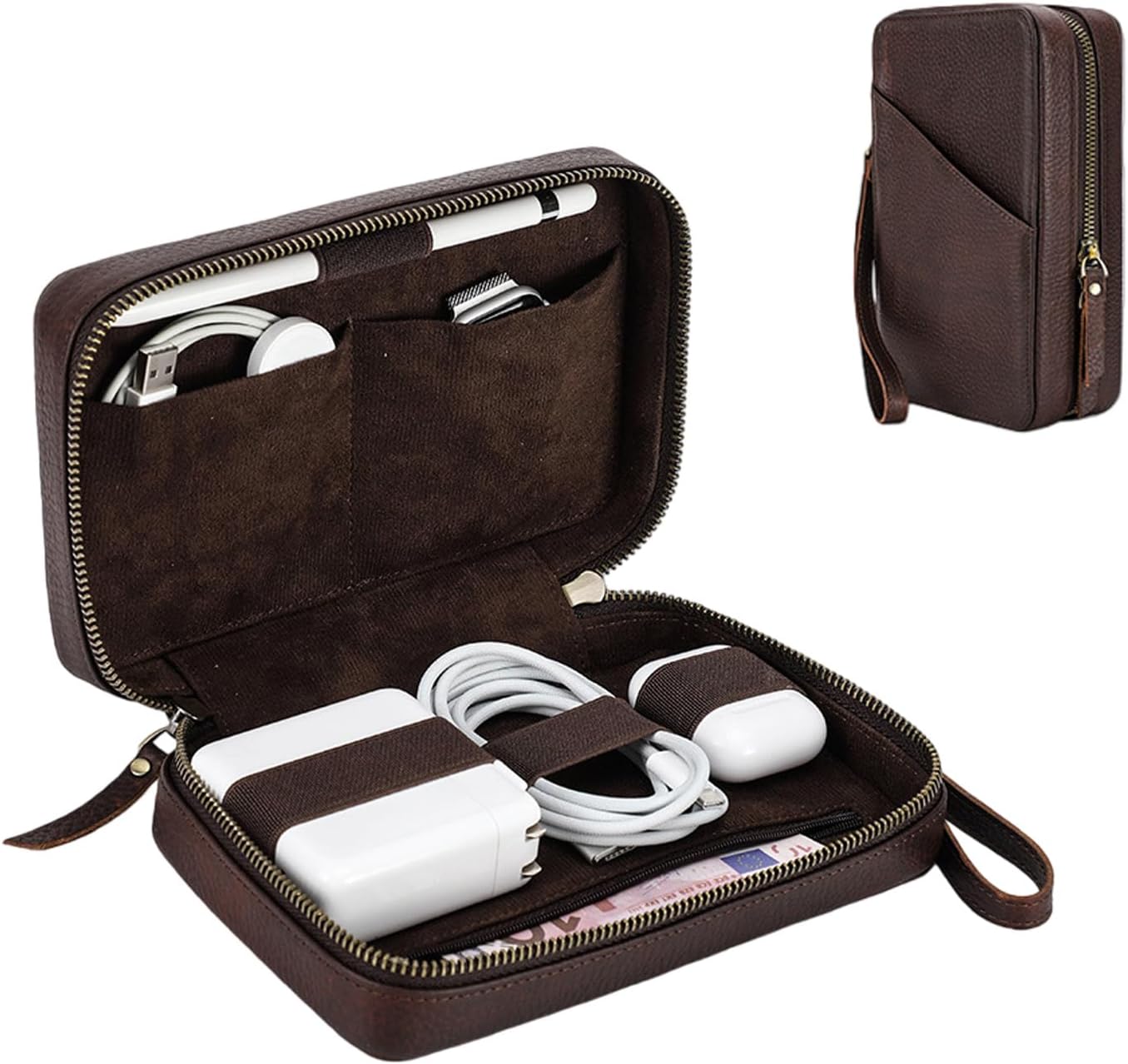 Caja de almacenamiento de accesorios electrónicos de cuero de grano completo, bolsa organizadora de cables de viaje, estuche enrollable con cremalleras, organizador técnico de cuero para banco