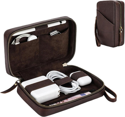 Caja de almacenamiento de accesorios electrónicos de cuero de grano completo, bolsa organizadora de cables de viaje, estuche enrollable con cremalleras, organizador técnico de cuero para banco