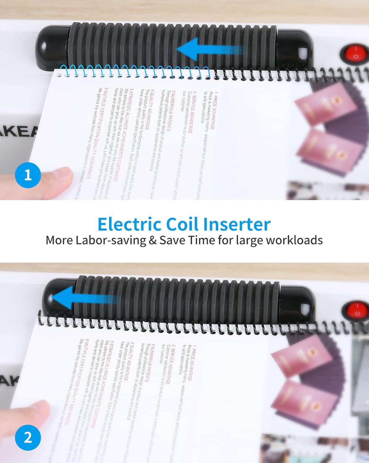 MAKEASY Máquina de Encuadernación en Espiral de Bobina - Perforadora Manual - Insertador de Bobina Eléctrico - Margen Lateral Ajustable - para Tamaño Carta/A4/A5, Viene con 1 Caja de Espinas de