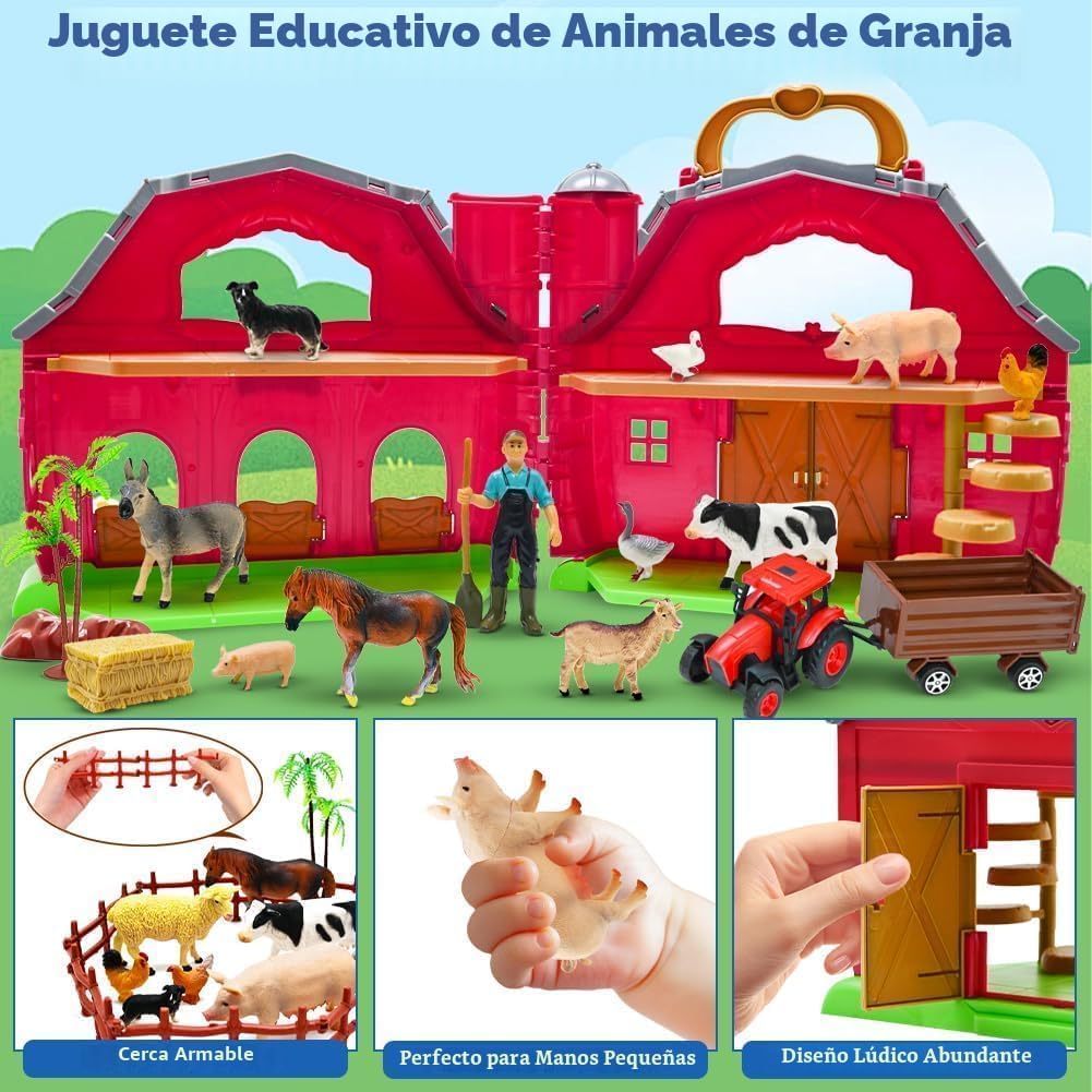 BOLZRA Farm Animals Big Red Barn Toy con Tractors Fence para Toddlers 1-5