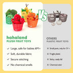 Hahaland Juguetes sensoriales para bebés - 16 piezas Mi primera fruta Verdura Clasificación de color de alimentos de juego crujiente, sonajero, juguetes para bebés 6-12 meses Juguetes Montessori para