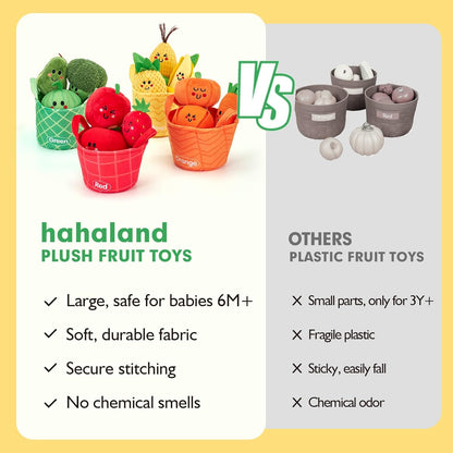 Hahaland Juguetes sensoriales para bebés - 16 piezas Mi primera fruta Verdura Clasificación de color de alimentos de juego crujiente, sonajero, juguetes para bebés 6-12 meses Juguetes Montessori para