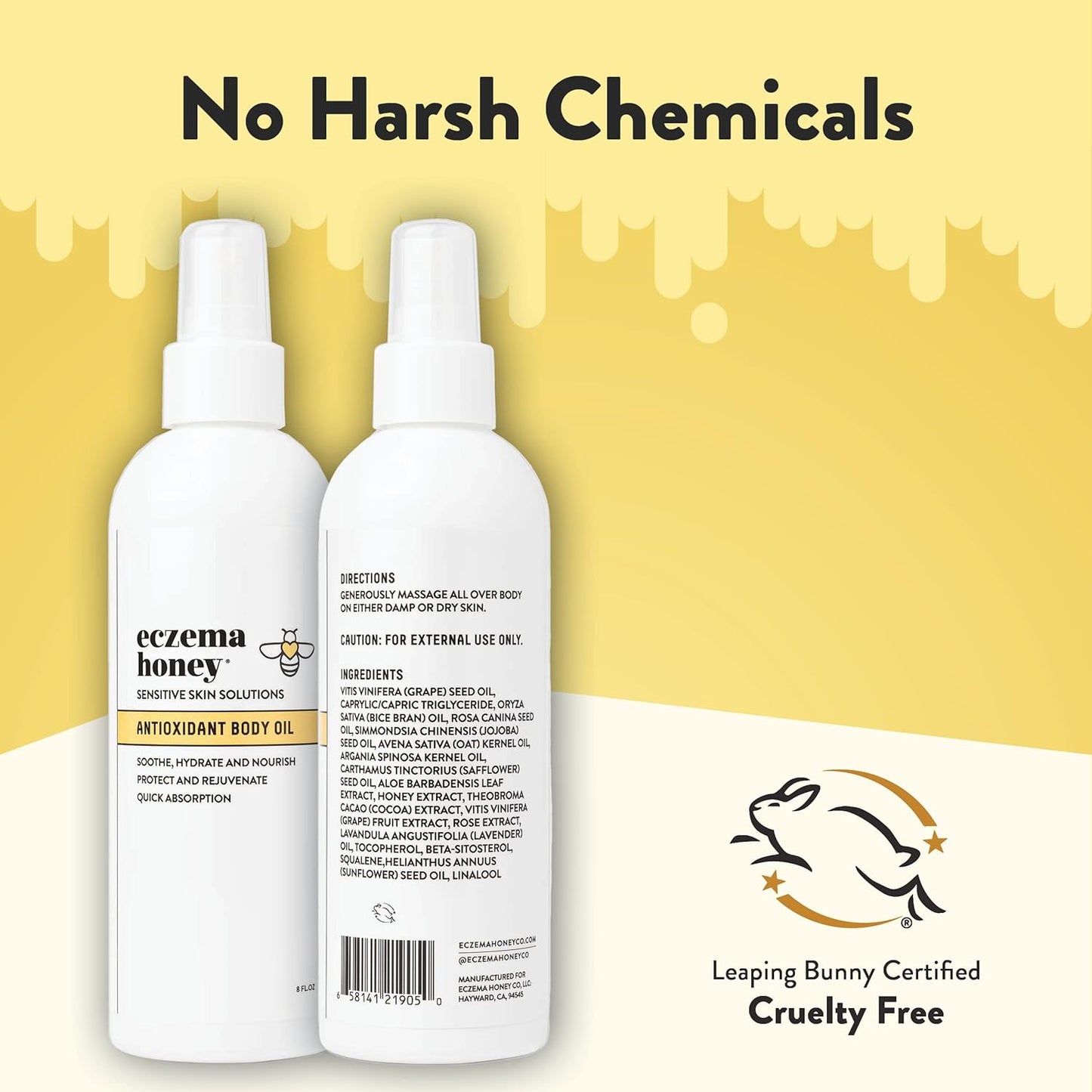 ECZEMA HONEY Aceite corporal antioxidante – Spray de aceite corporal para después de la ducha para la piel – Aceite hidratante sensible y propenso al eczema – Aceites corporales sin perfume para mujeres, hombres y niños (8 onzas líquidas)
