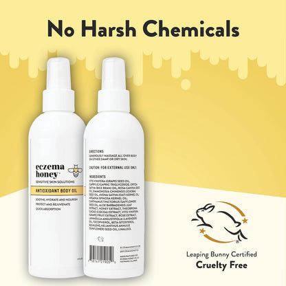 ECZEMA HONEY Aceite corporal antioxidante – Spray de aceite corporal para después de la ducha para la piel – Aceite hidratante sensible y propenso al eczema – Aceites corporales sin perfume para mujeres, hombres y niños (8 onzas líquidas)