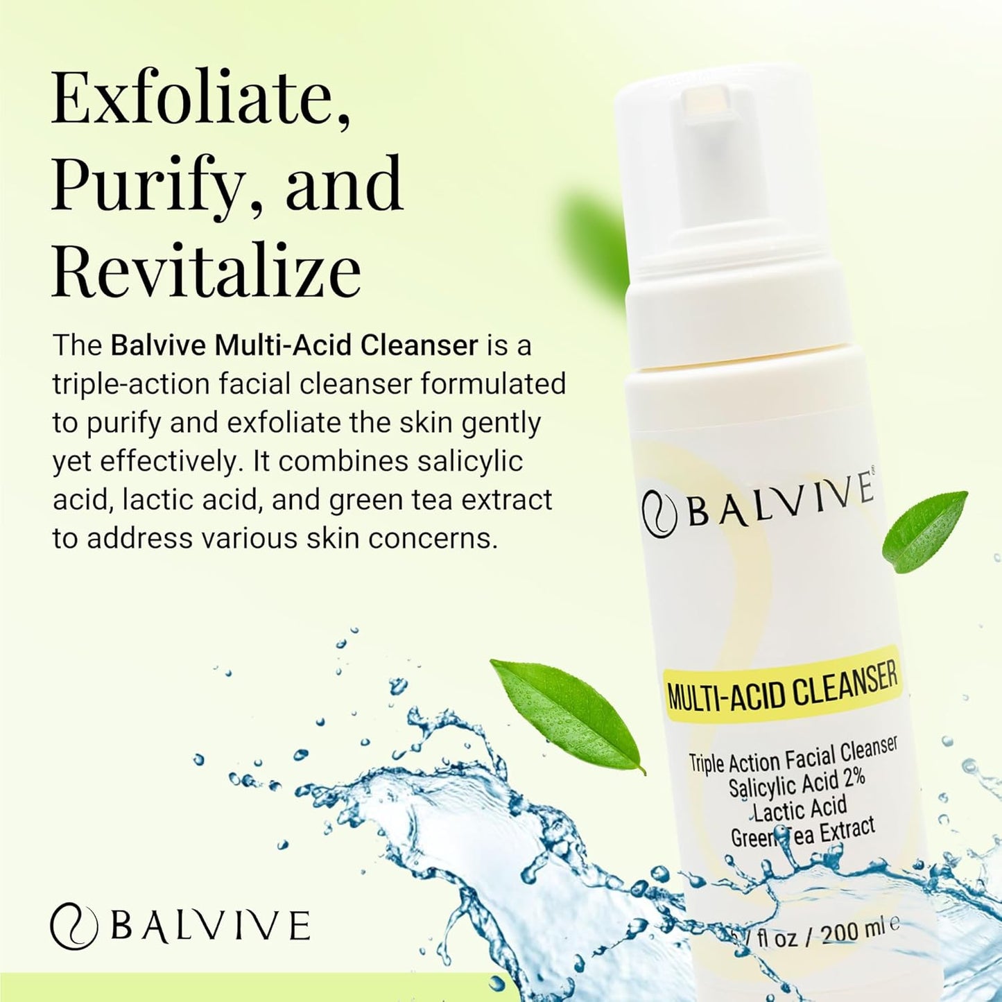 Limpiador facial espumoso con ácido salicílico, ácido glicólico, ácido láctico y extracto de té verde, lavado facial para acné, piel grasa y sensible, removedor de maquillaje y cuidado de la