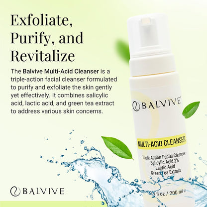 Limpiador facial espumoso con ácido salicílico, ácido glicólico, ácido láctico y extracto de té verde, lavado facial para acné, piel grasa y sensible, removedor de maquillaje y cuidado de la