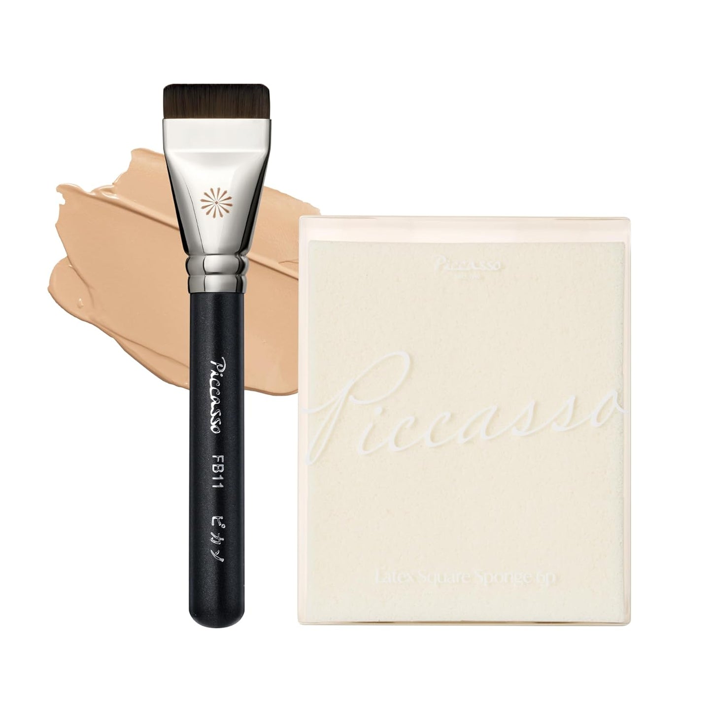 Piccasso FB11 - Juego de brochas de base de maquillaje – FB11 espátula para base de maquillaje y esponjas de maquillaje redondas de látex 6P, cobertura sin costuras, acabado húmedo y mate