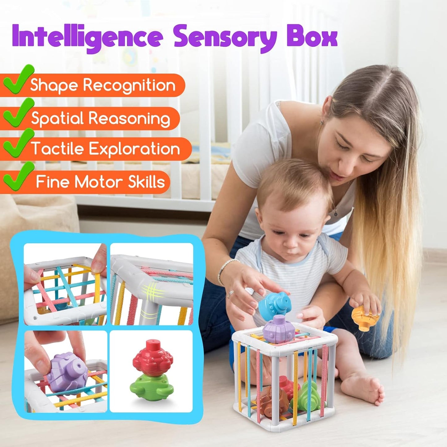 Juguetes Montessori para Bebés - Mordedor de Cuerda, Bloques Apilables, Contenedor de Formas Sensoriales, Diversión para la Hora del Baño Infantil, Juguetes 4 en 1 para Niños y Niñas