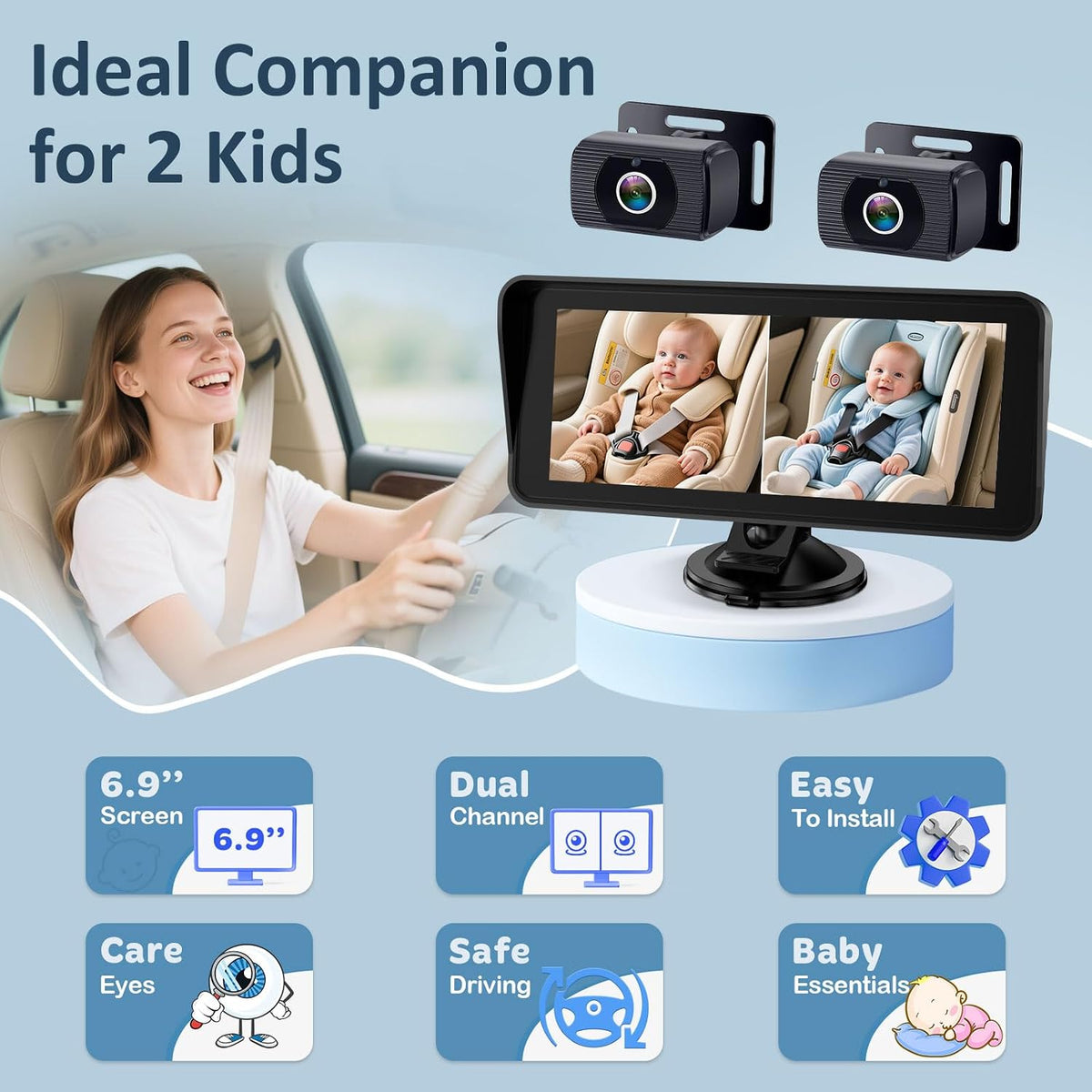 Cámara de Coche para Niños de 2 Yakry para Asiento: Pantalla Ultraw...
