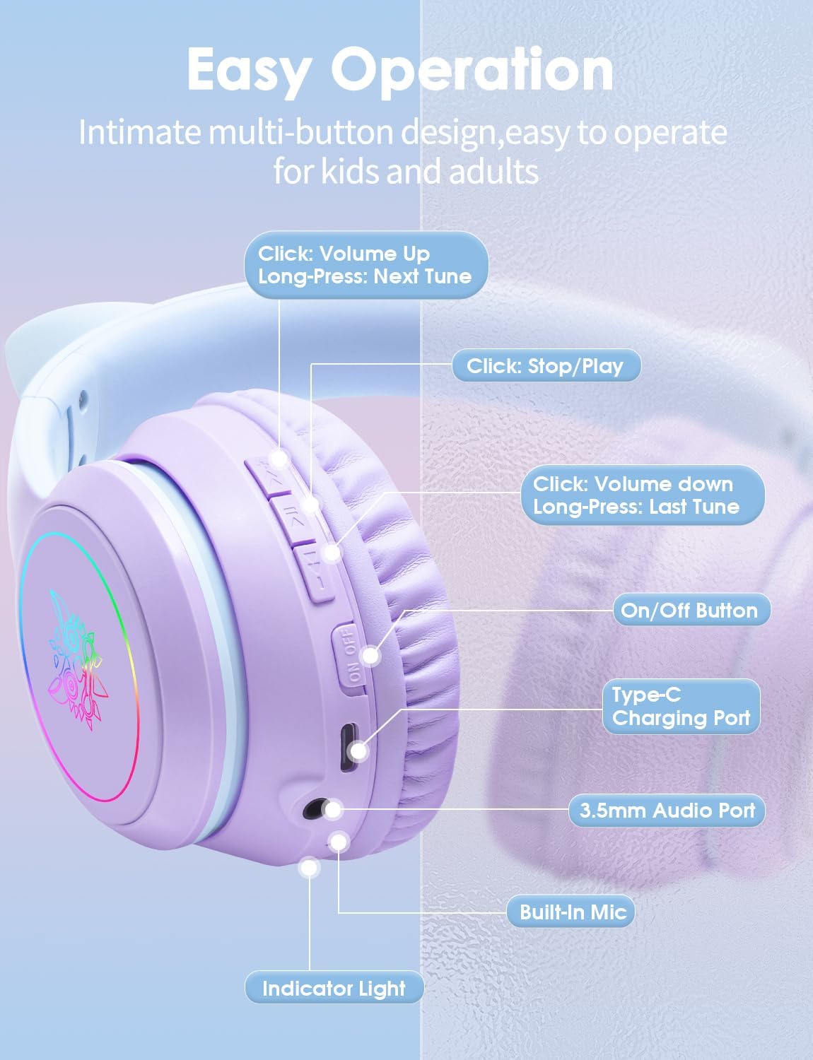 ONITOON Auriculares Bluetooth de oreja de gato con micrófono para n...
