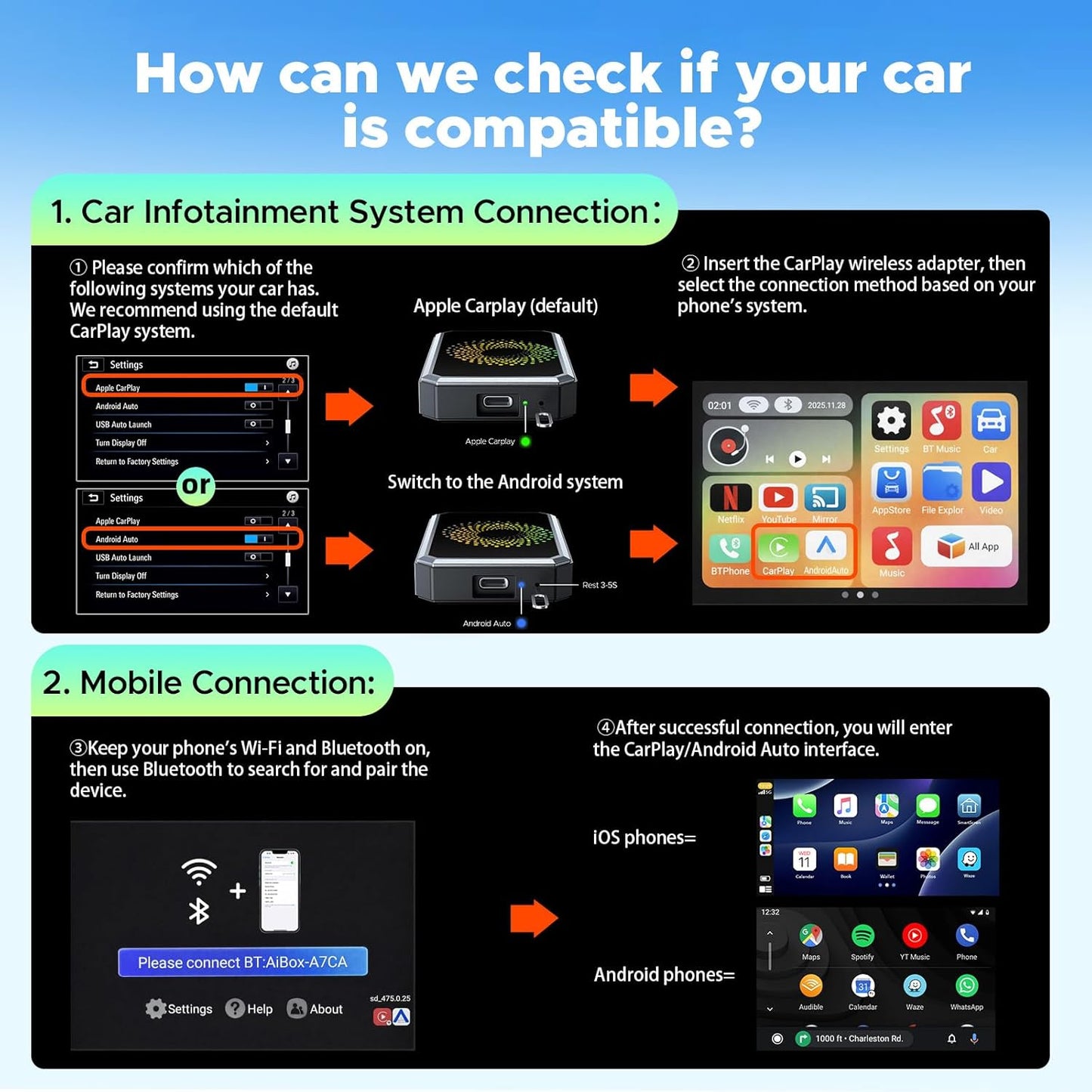 LAMTTO Adaptador inalámbrico 3 en 1 Carplay Android Auto Adapter integrado Net-Flix YouTube Tiktok Apps Magic AI Box Reproductor de video con WiFi de doble banda USB para coches de juego con cable OEM
