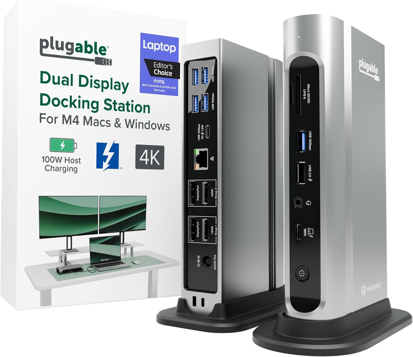 Plugable Base Thunderbolt 4 16 en 1: monitores 4K duales para MacBook Air/Pro M4/M5, carga de 100 W, 2 HDMI, 2 puertos DisplayPort, Ethernet 2.5G, 7 USB, lector de tarjetas MicroSD/SD, compatible con Windows y USB4