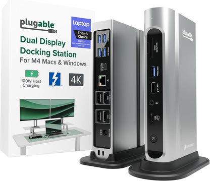 Plugable Base Thunderbolt 4 16 en 1: monitores 4K duales para MacBook Air/Pro M4/M5, carga de 100 W, 2 HDMI, 2 puertos DisplayPort, Ethernet 2.5G, 7 USB, lector de tarjetas MicroSD/SD, compatible con Windows y USB4