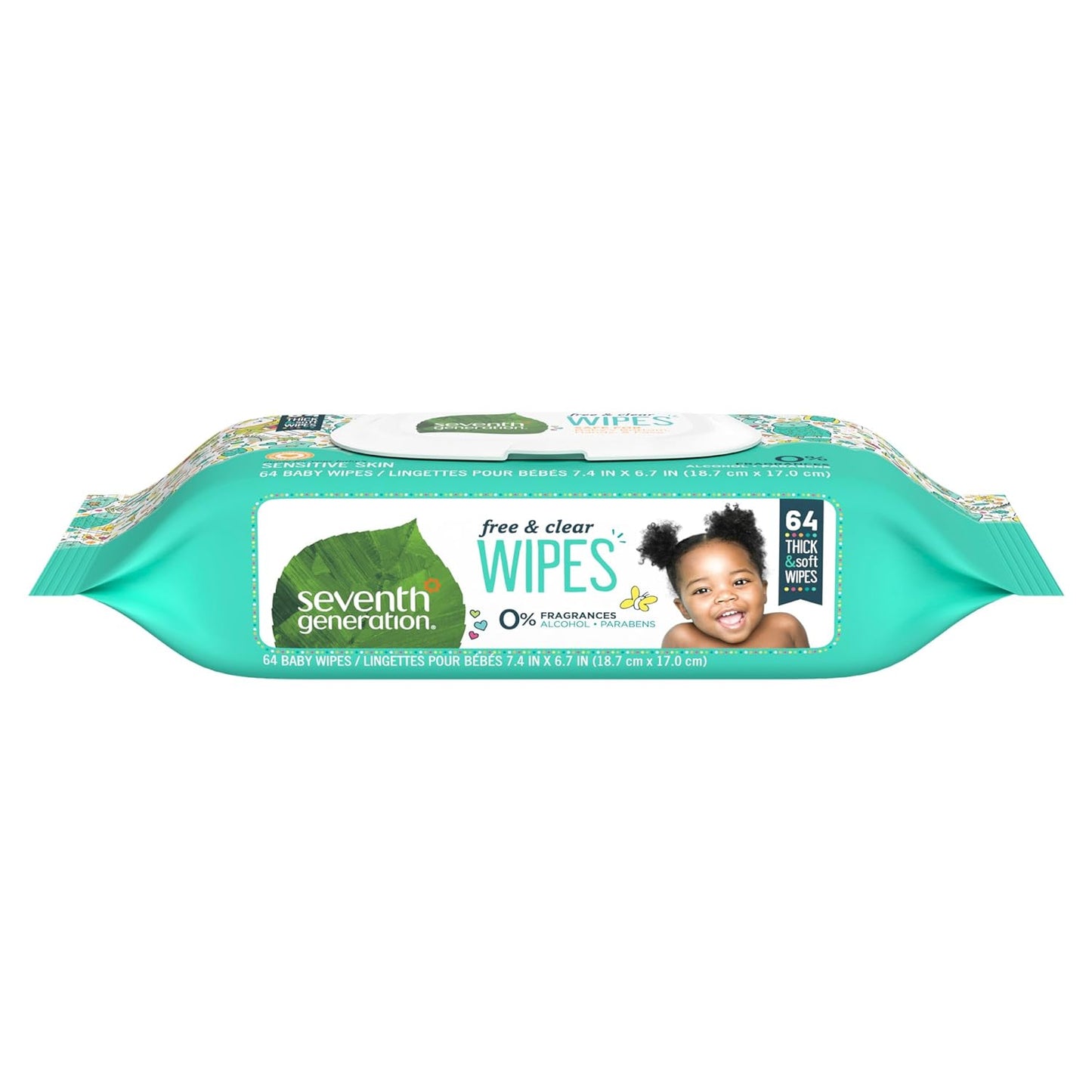 Seventh Generation Toallitas para bebé, libres y transparentes con dispensador de tapa abatible, 64 unidades