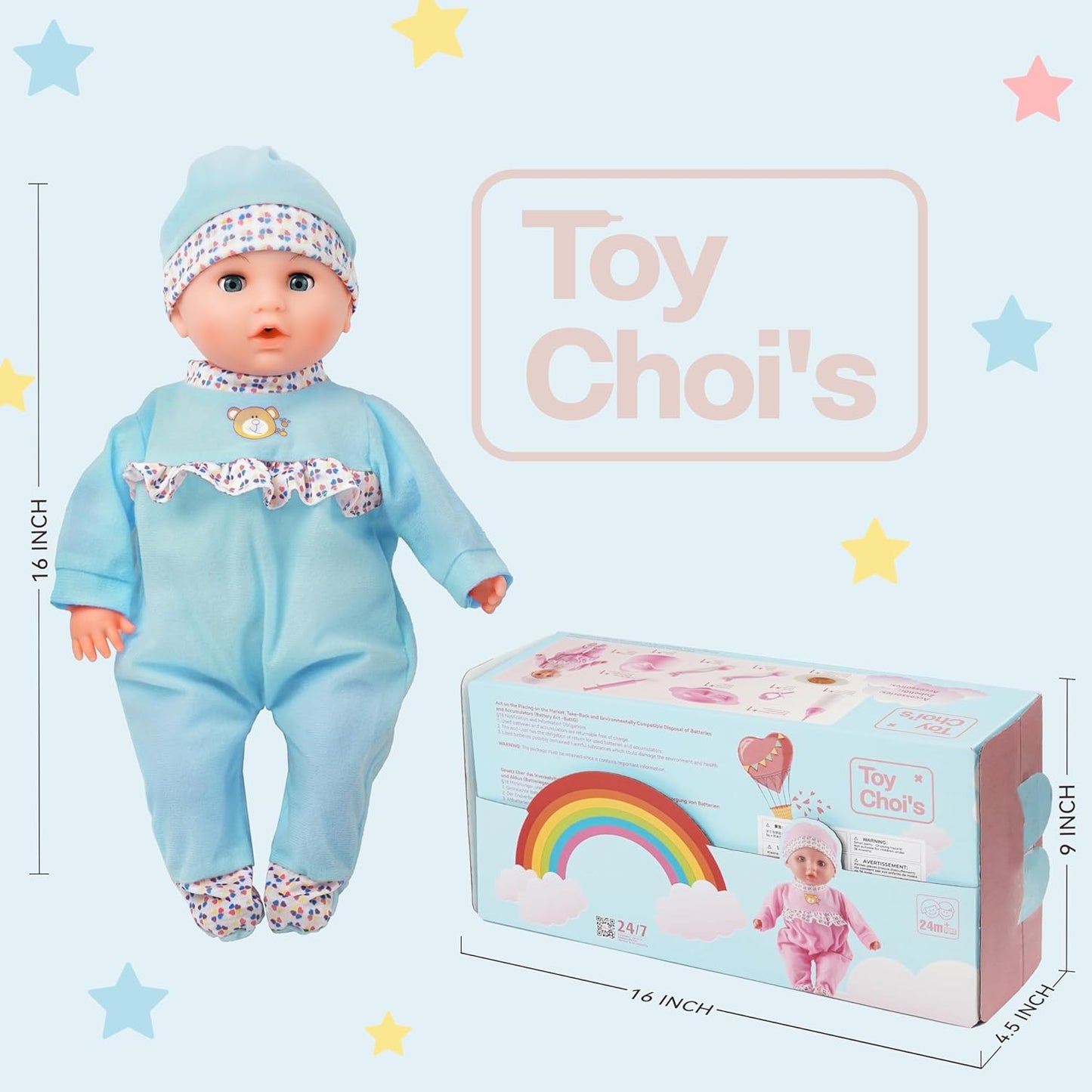 Toy Choi's Muñeca de bebé interactiva de 16 pulgadas, color azu...