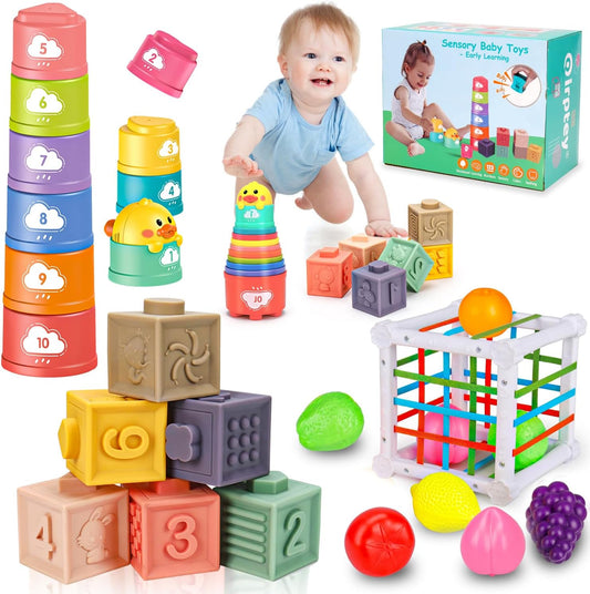 Juguetes Montessori para bebés de 6-12-18 meses, tazas de apilar con cuerda para bebés, bloques clasificadores de forma, juguete de desarrollo sensorial y aprendizaje de 6-9 9-12 meses, regalo de