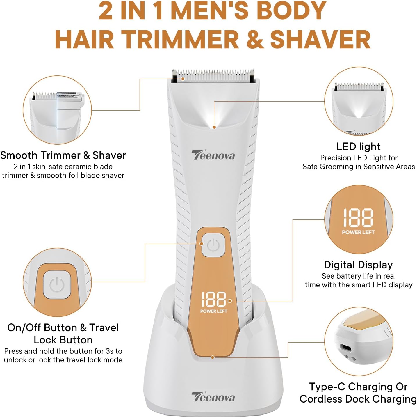 TEENOVA Pubic &amp; Body Hair Trimmer para hombres, afeitadora eléc...
