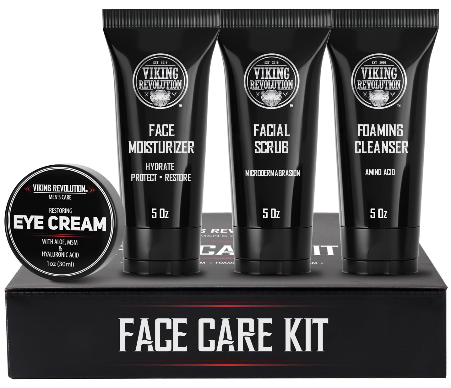 Viking Revolution Kit de cuidado facial de la piel para hombres, incluye hidratante facial rejuvenecedor, exfoliante facial de microdermoabrasión, limpiador espumoso (5 onzas cada uno) y crema de ojos