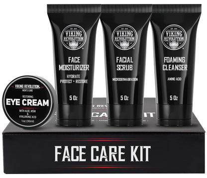 Viking Revolution Kit de cuidado facial de la piel para hombres, incluye hidratante facial rejuvenecedor, exfoliante facial de microdermoabrasión, limpiador espumoso (5 onzas cada uno) y crema de ojos