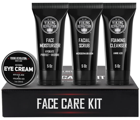 Viking Revolution Kit de cuidado facial de la piel para hombres, incluye hidratante facial rejuvenecedor, exfoliante facial de microdermoabrasión, limpiador espumoso (5 onzas cada uno) y crema de ojos