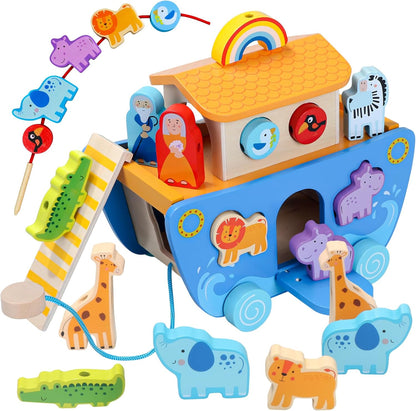 Arca de Noé de madera con clasificador de formas de animales, regalos de bautismo para niños de 1, 2, 3, 4 años, juguetes Montessori para niños pequeños, regalos de bautismo para niños y