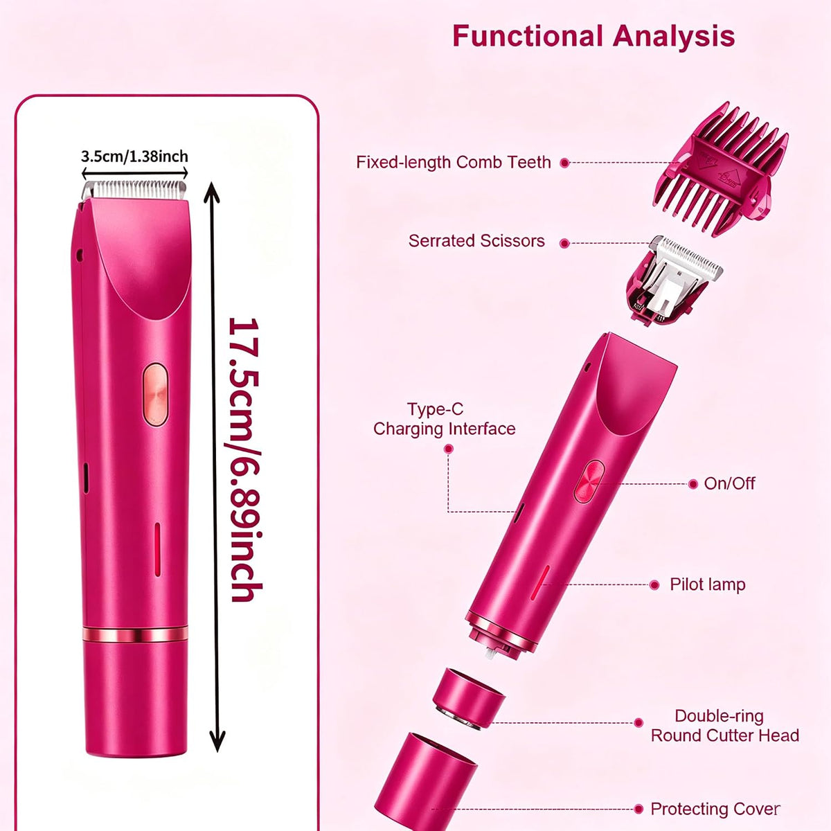 Afeitadora eléctrica impermeable 2 en 1 para mujer, color rosa fram...