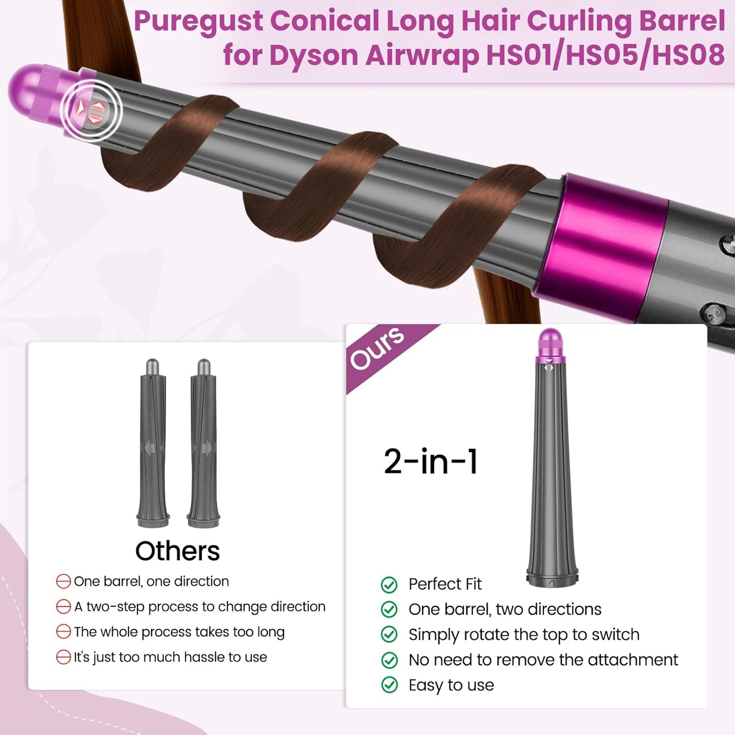 PUREGUST Accesorio cónico de barriles de pelo largo compatible con...