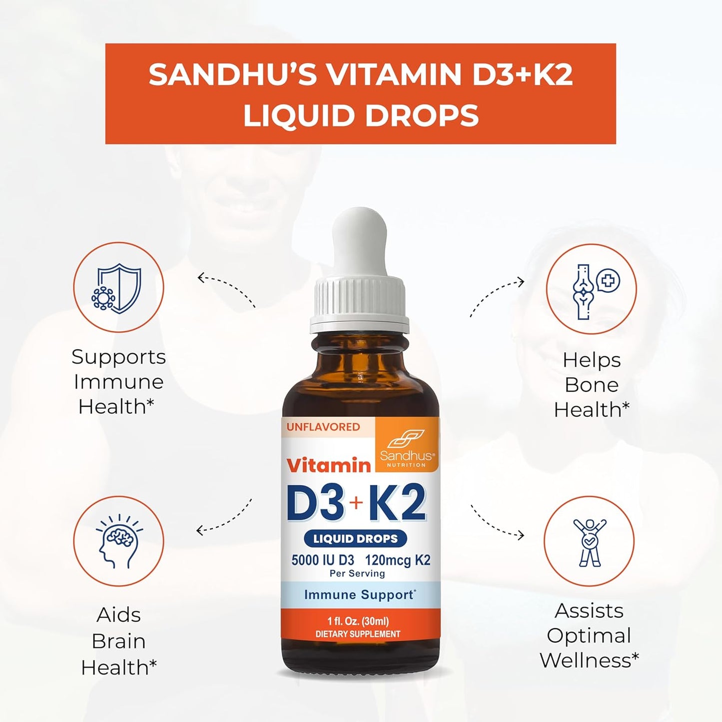 Gotas de vitamina D3 K2 de Sandhu para adultos | 5000 UI de D3 líqu...