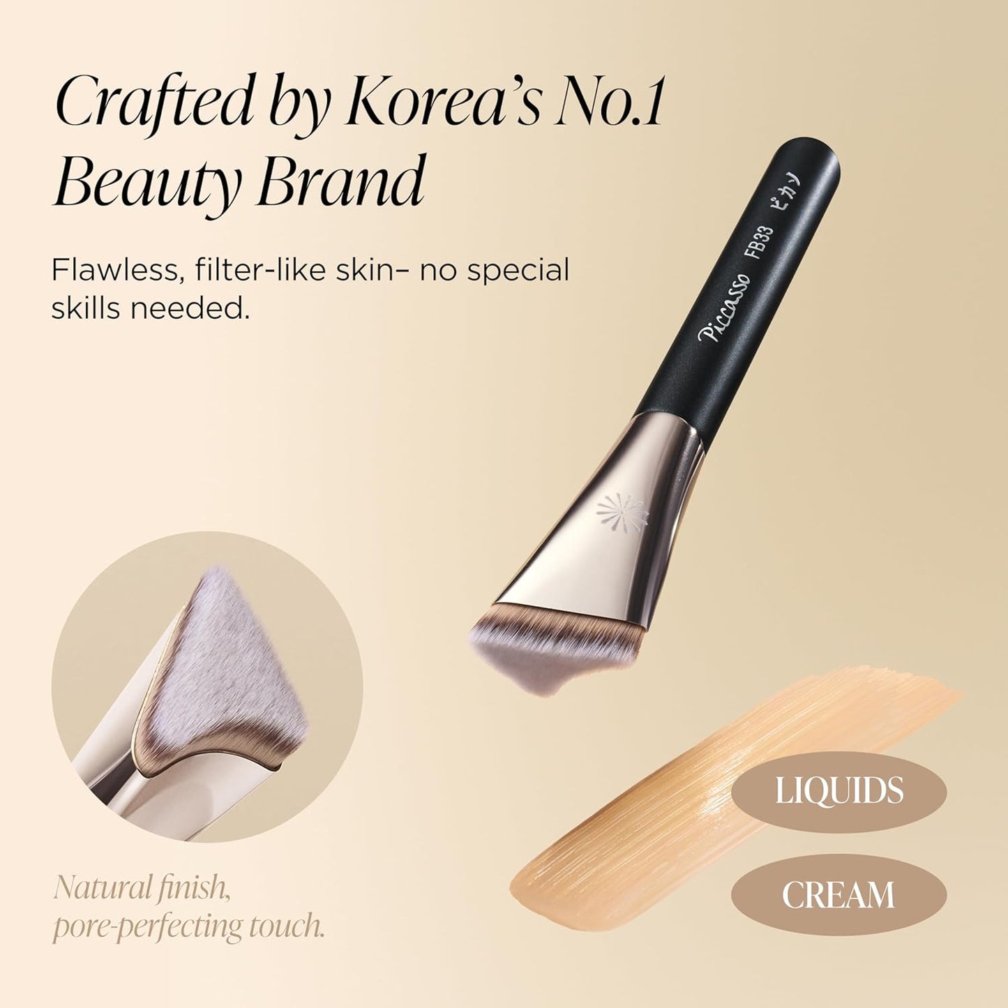 Piccasso FB33 - Cepillo de base con esponja 6P – Cepillo de tapa para base líquida y crema, rellena los poros con cerdas suaves para un maquillaje facial suave e impecable, herramienta profesional de