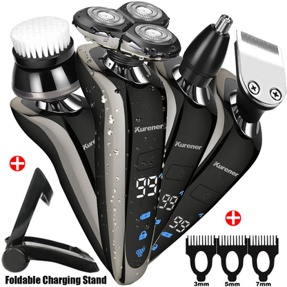Afeitadora eléctrica para hombres, recargable, 100% impermeable, rotativa para afeitarse con recortadora de nariz, patillas, recortadora, cepillo de limpieza facial