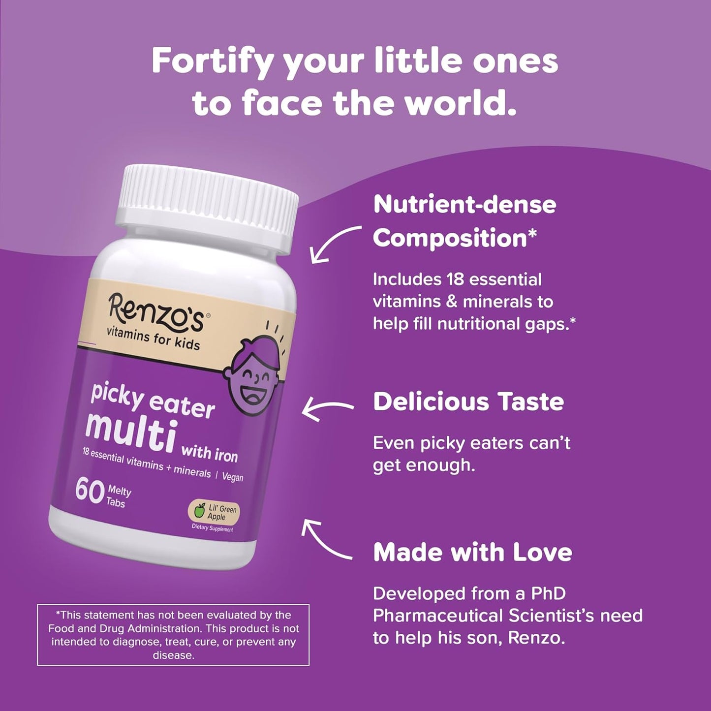 Renzo's Picky Eater Kids Multivitamin con hierro, vitaminas sol...