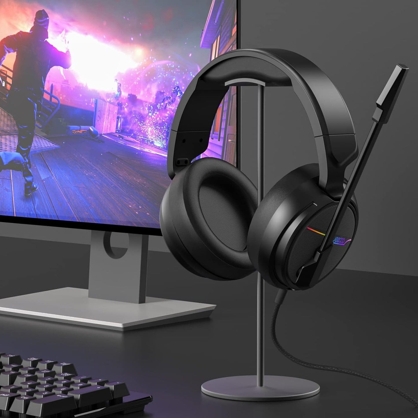 Jeecoo V20U - Auriculares USB Pro para juegos para PC, auriculares de sonido envolvente 7.1 con micrófono con cancelación de ruido, almohadillas de espuma viscoelástica para computadoras portátiles