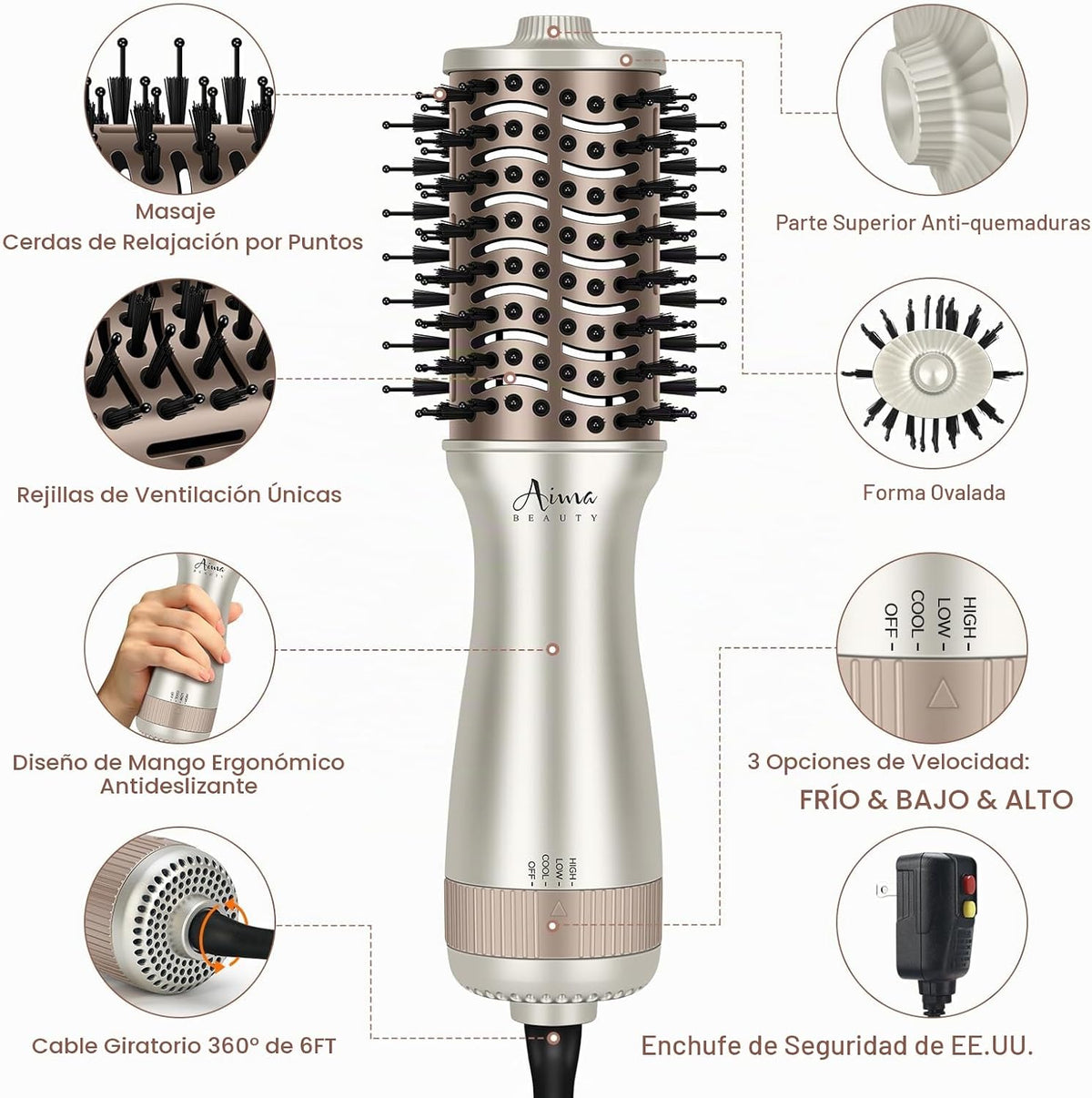 Aima Beauty Pequeño auto doble voltaje secador de pelo cepillo fres...