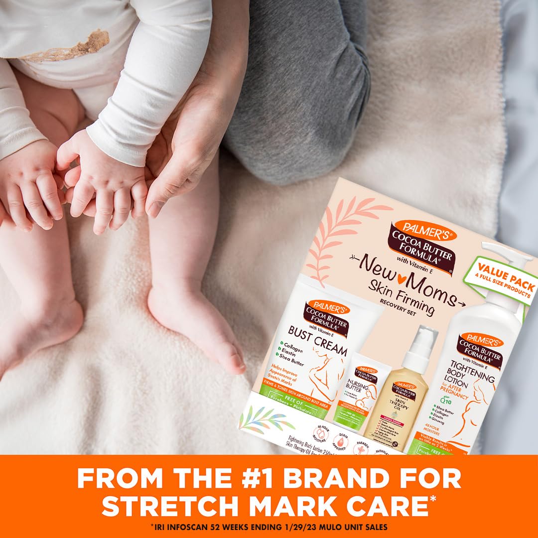 Palmer's Cocoa Butter Formula New Moms Skin Recovery Postpartum Essentials, Loción para el cuerpo (8.5 oz) + Mantequilla para lactancia (1.1 oz) + Crema para el busto (4.4 oz) + Aceite de terapia para