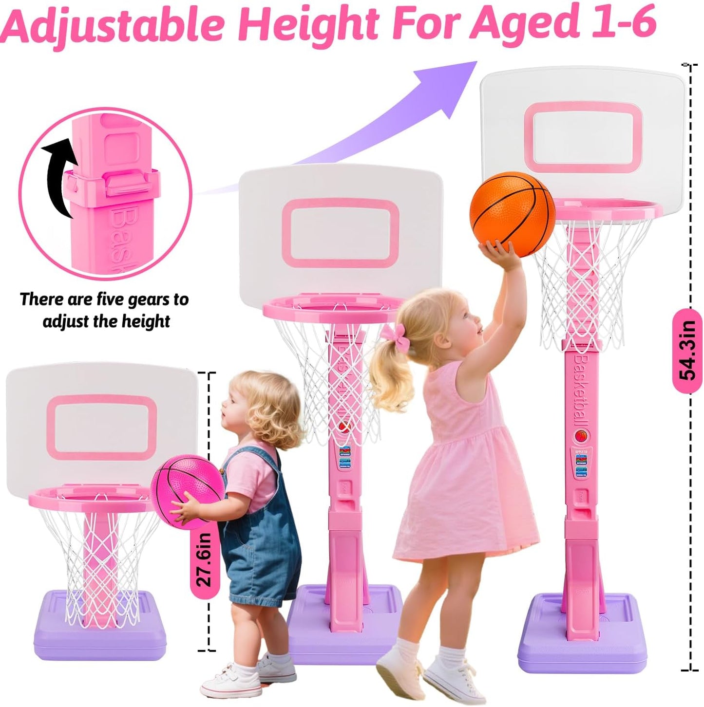 Aro de baloncesto para niños pequeños rosa para interiores y exteriores, edad 1-3 años, aro de baloncesto ajustable para niños con 3 pelotas, portería de baloncesto para niñas, juguetes