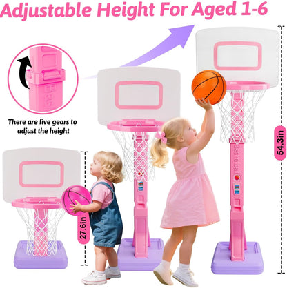 Aro de baloncesto para niños pequeños rosa para interiores y exteriores, edad 1-3 años, aro de baloncesto ajustable para niños con 3 pelotas, portería de baloncesto para niñas, juguetes