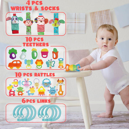 Cocurb Juego de 30 piezas de juguetes de bebé de alto contraste para bebés, sonajeros, juguetes de dentición y calcetines de muñeca, adecuado para 6 meses, regalo perfecto para bebés para niños y