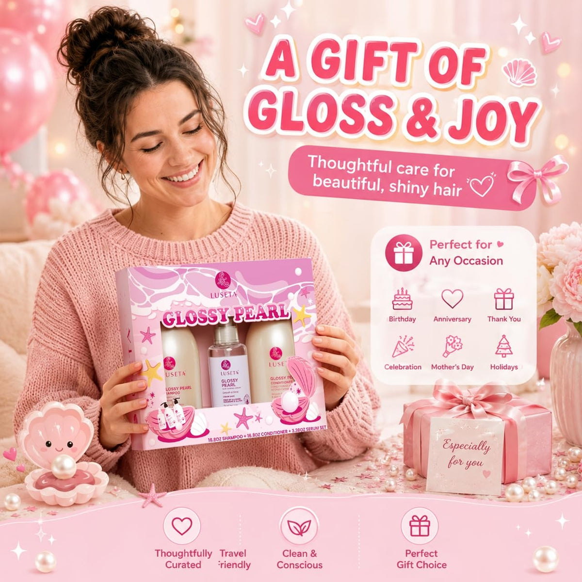Luseta Set de regalo para el cuidado del cabello con perlas brillan...